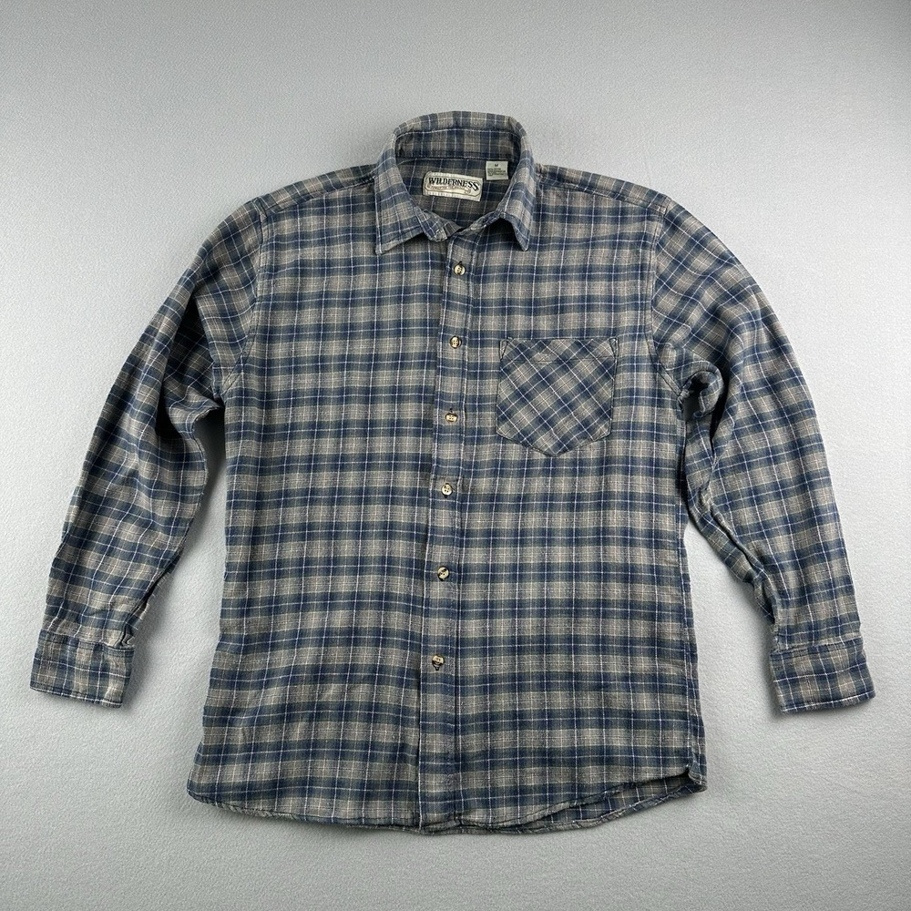 Wilderness‎ Men's Blue Green Plaid Long Sleeve Button Up Size M Flannel Shirt